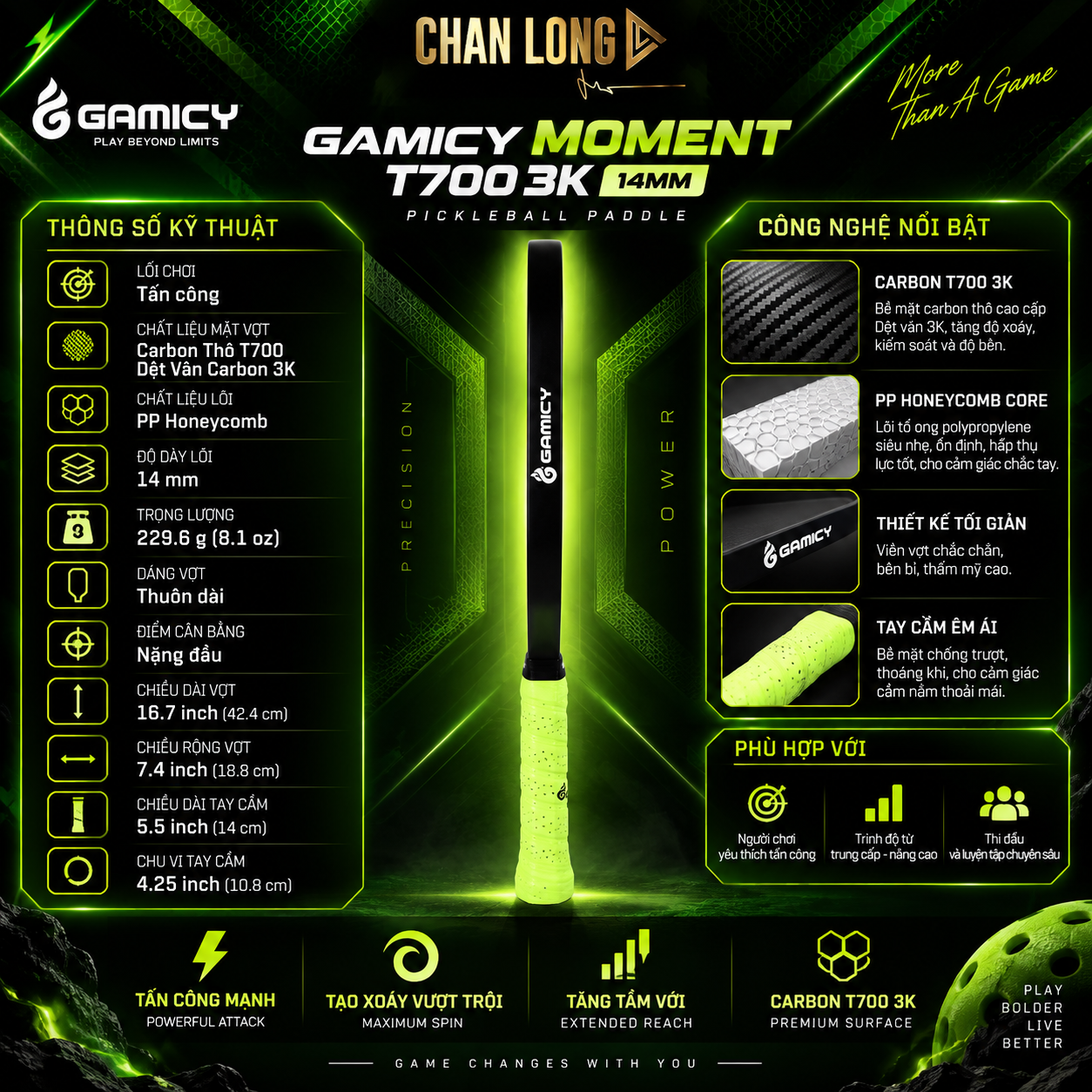 Thông số Vợt Pickleball Gamicy Moment T700 3K 14mm