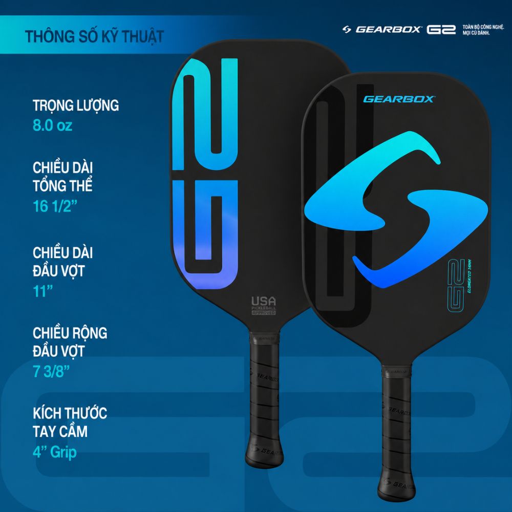 Thông số Vợt Pickleball Gearbox G2 Elongated 14mm