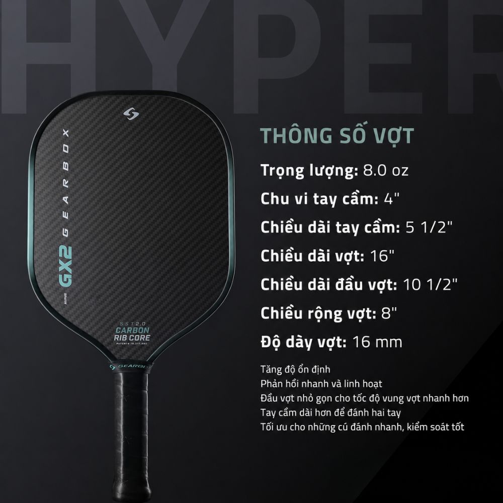 Thông số Vợt Pickleball Gearbox GX2 Hyper 16mm