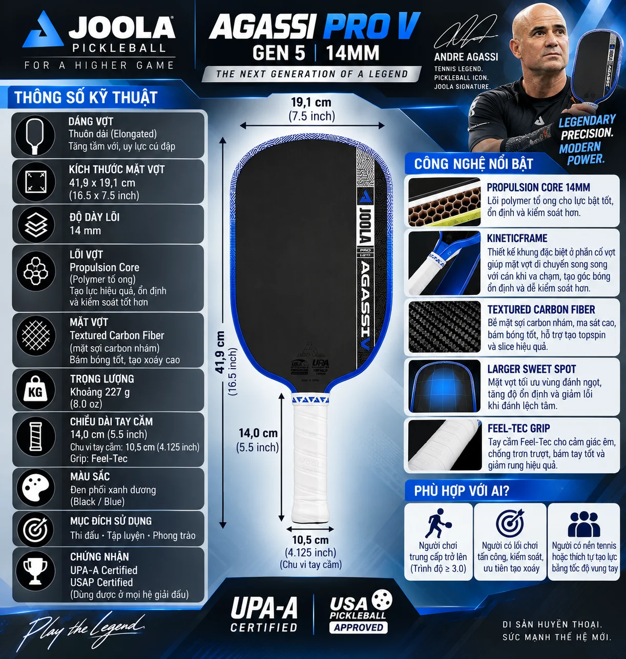 Thông số Vợt Pickleball Joola Agassi Pro V Gen 5 14mm với Propulsion Core, KineticFrame, mặt Textured Carbon Fiber và thiết kế elongated thiên tấn công.
