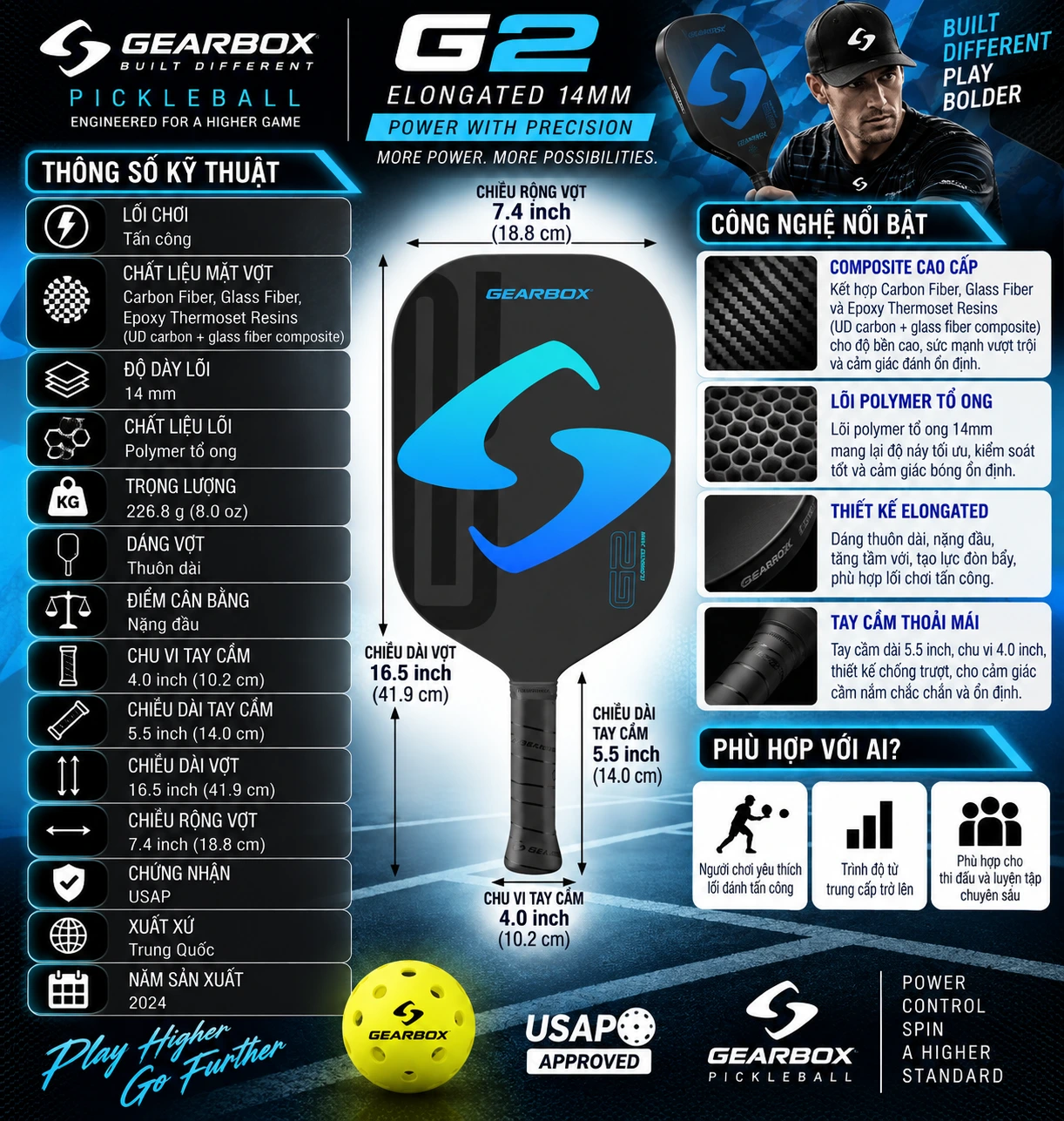 Thông số Vợt Pickleball Gearbox G2 Elongated 14mm với mặt composite Carbon Fiber và Glass Fiber, lõi Polymer tổ ong 14mm, dáng thuôn dài nặng đầu thiên tấn công.