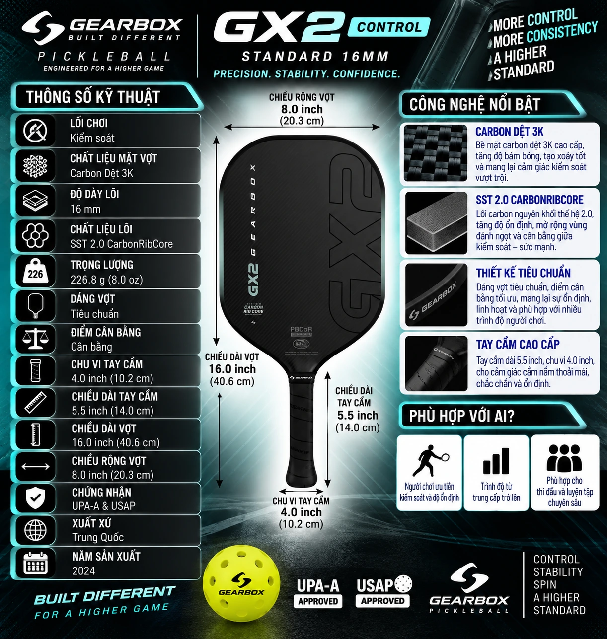 Thông số Vợt Pickleball Gearbox GX2 Control Standard 16mm với mặt Carbon Dệt 3K, lõi SST 2.0 CarbonRibCore, dáng tiêu chuẩn cân bằng và chứng nhận UPA-A, USAP.