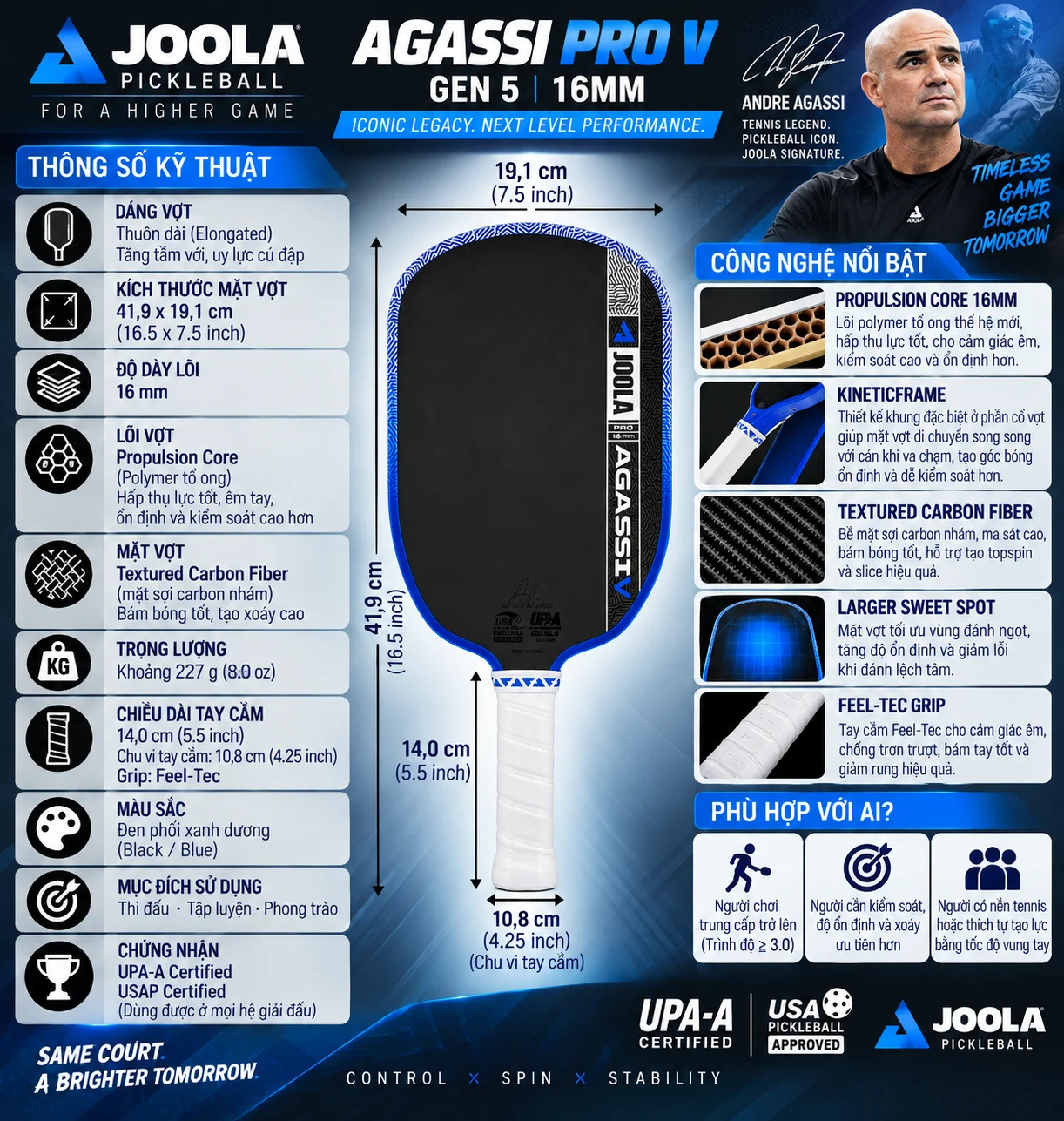 Thông số Vợt Pickleball Joola Agassi Pro V Gen 5 16mm với Propulsion Core, KineticFrame, mặt Textured Carbon Fiber và thiết kế elongated thiên kiểm soát.