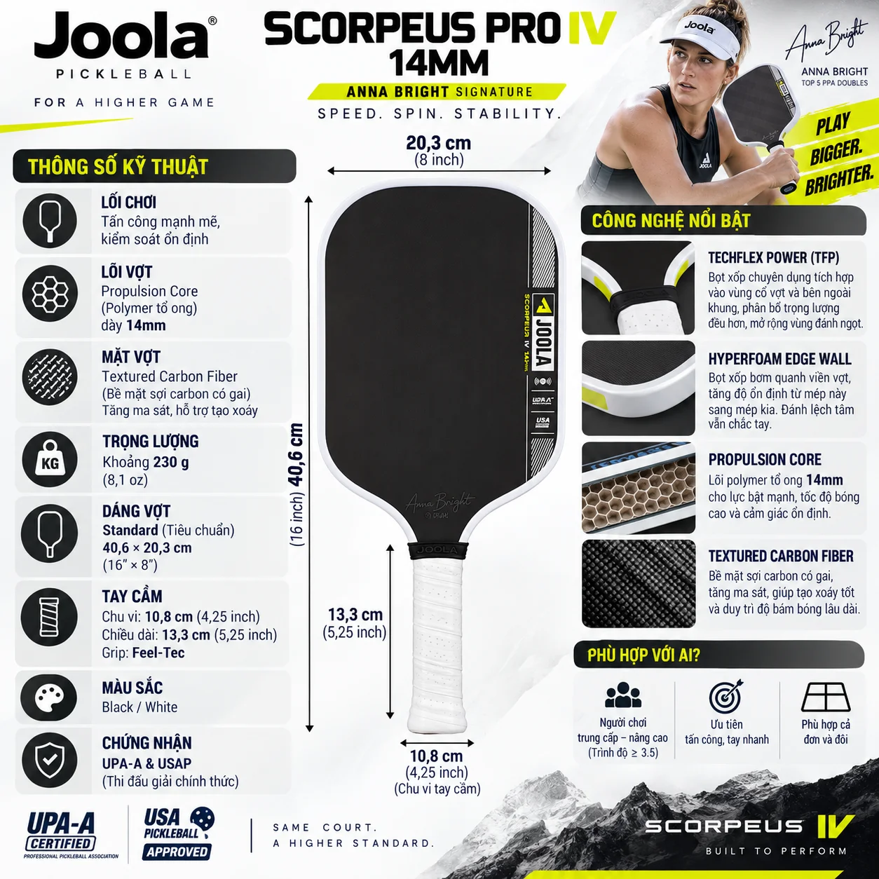 Thông số Vợt Pickleball Joola Scorpeus Pro IV 14mm với Propulsion Core, TechFlex Power, HyperFoam Edge Wall, mặt Textured Carbon Fiber và chứng nhận UPA-A, USAP.