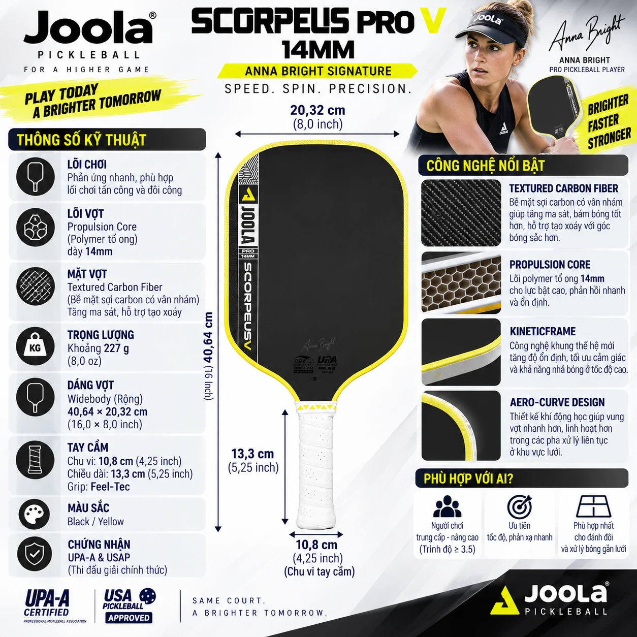 Thông số Vợt Pickleball Joola Anna Bright Scorpeus Pro V 14mm với Propulsion Core, KineticFrame, Textured Carbon Fiber, dáng Widebody và chứng nhận UPA-A, USAP.