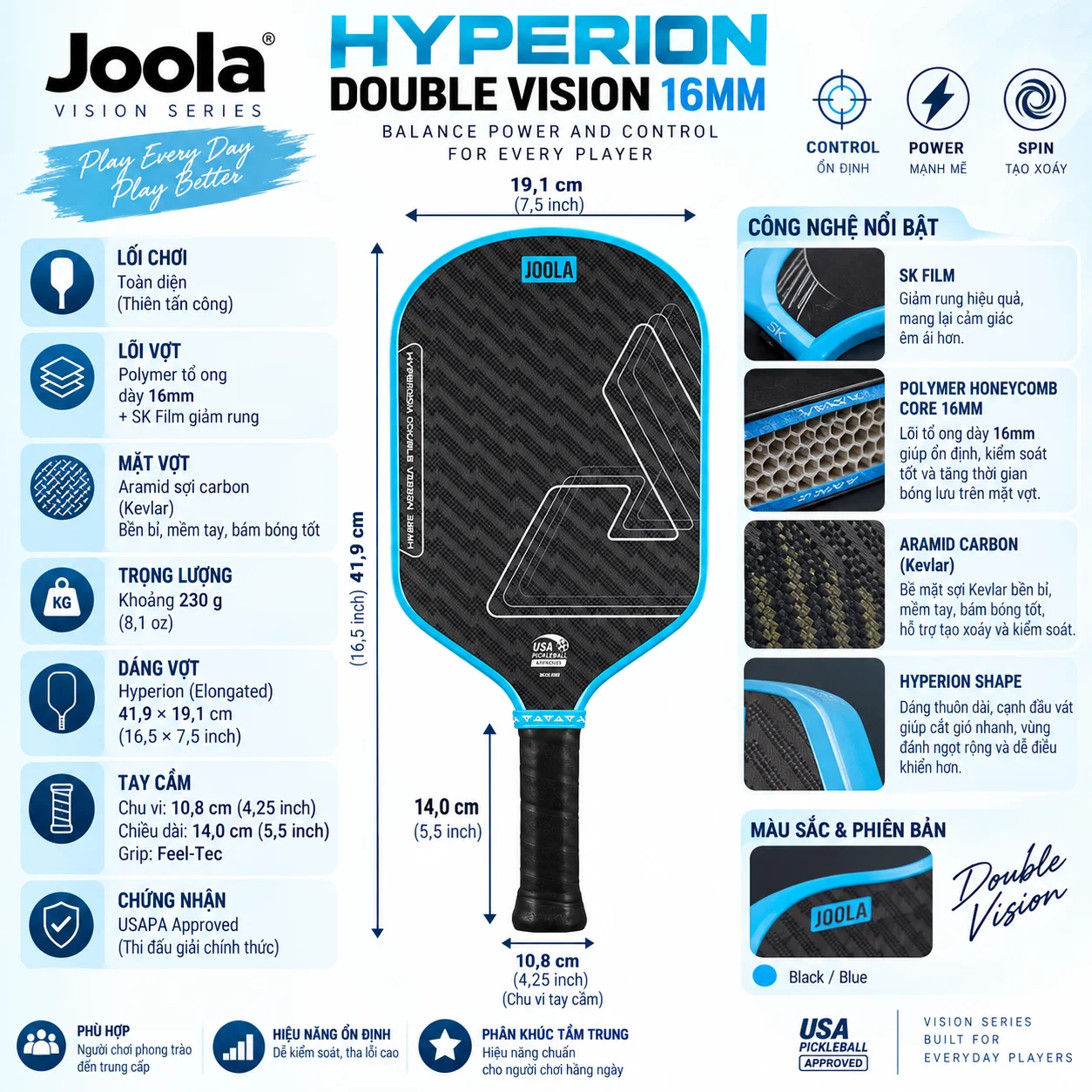 Thông số Vợt Pickleball Joola Hyperion Double Vision 16mm với lõi Polymer tổ ong 16mm, mặt Aramid sợi carbon Kevlar và dáng Hyperion elongated.