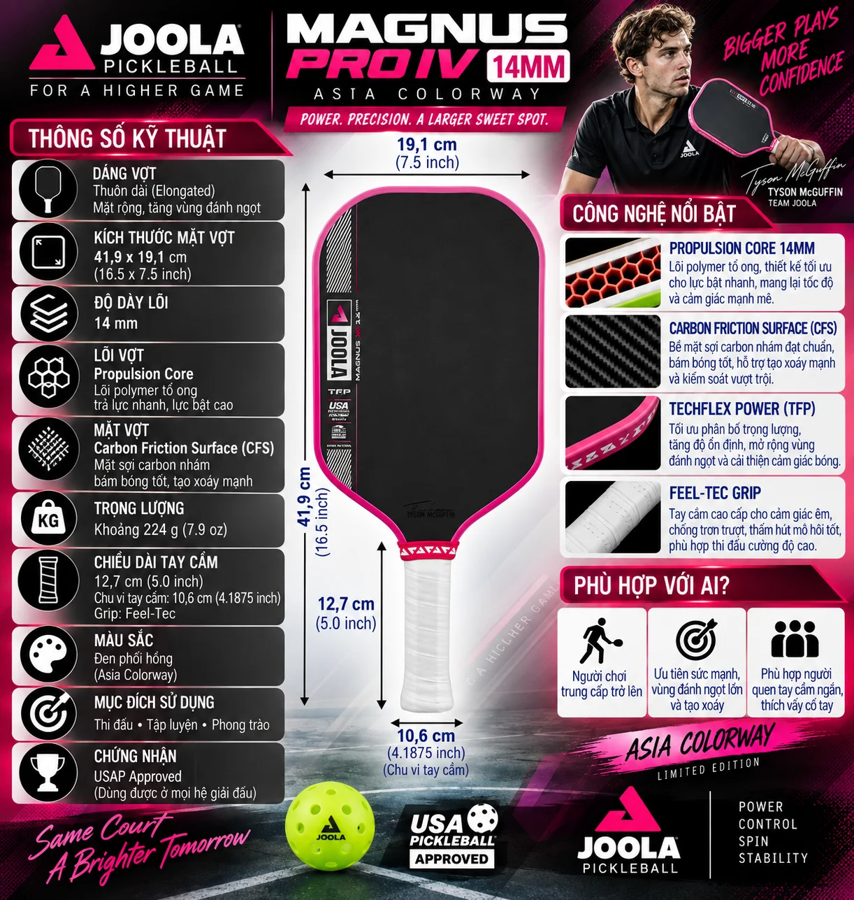 Thông số Vợt Pickleball Joola Magnus Pro IV 14mm Asia Colorway với lõi Propulsion Core, mặt Carbon Friction Surface, TechFlex Power và thiết kế elongated thiên tấn công.