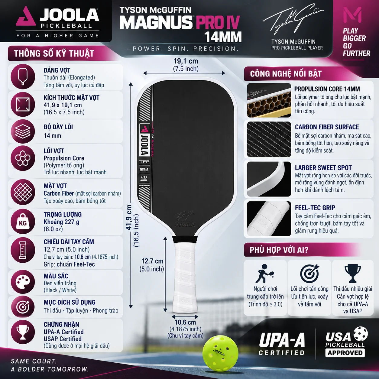 Thông số Vợt Pickleball Joola Tyson McGuffin Magnus Pro IV 14mm với Propulsion Core, mặt Carbon Fiber nhám, dáng elongated và chứng nhận UPA-A, USAP.