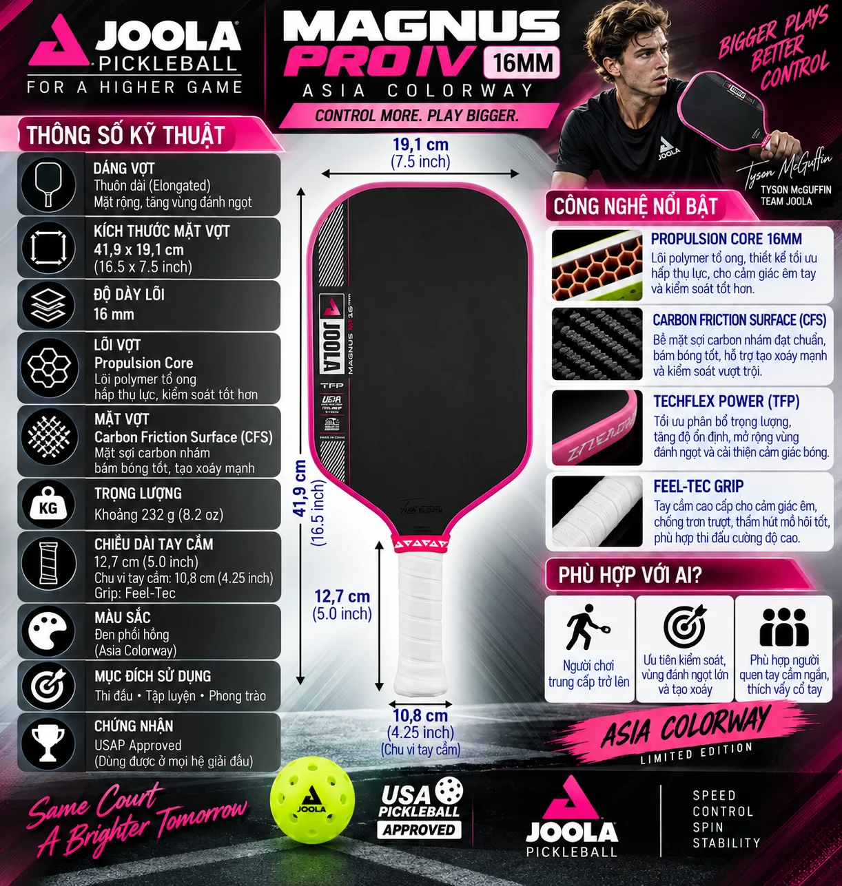 Thông số Vợt Pickleball Joola Magnus Pro IV 16mm Asia Colorway với lõi Propulsion Core, mặt Carbon Friction Surface, TechFlex Power và thiết kế elongated thiên công kiểm soát.