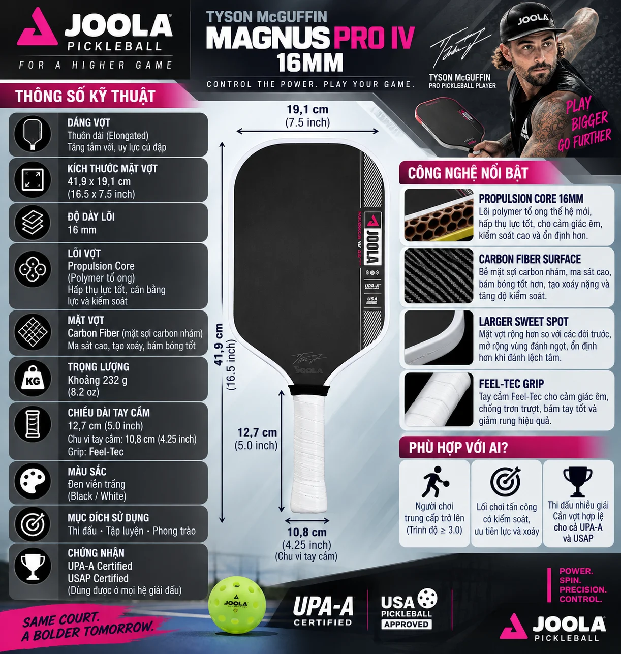 Thông số Vợt Pickleball Joola Tyson McGuffin Magnus Pro IV 16mm với Propulsion Core, mặt Carbon Fiber nhám, dáng elongated và chứng nhận UPA-A, USAP.