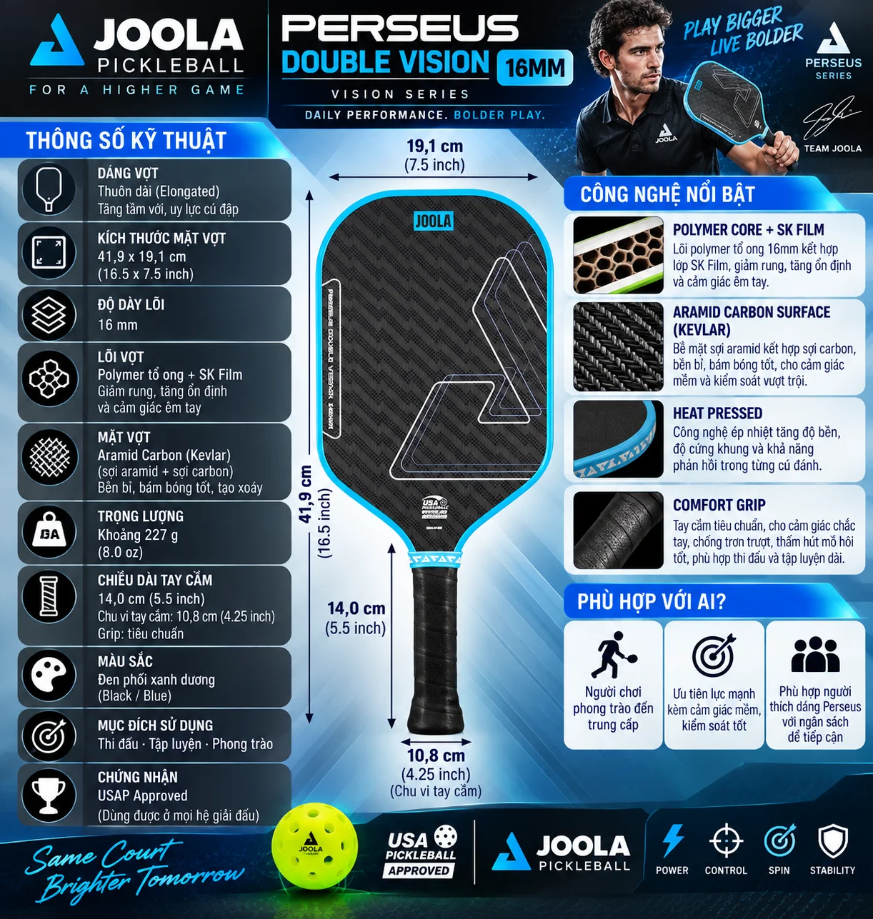 Thông số Vợt Pickleball Joola Perseus Double Vision 16mm với mặt Aramid Carbon Kevlar, lõi Polymer tổ ong 16mm kết hợp SK Film và dáng elongated.