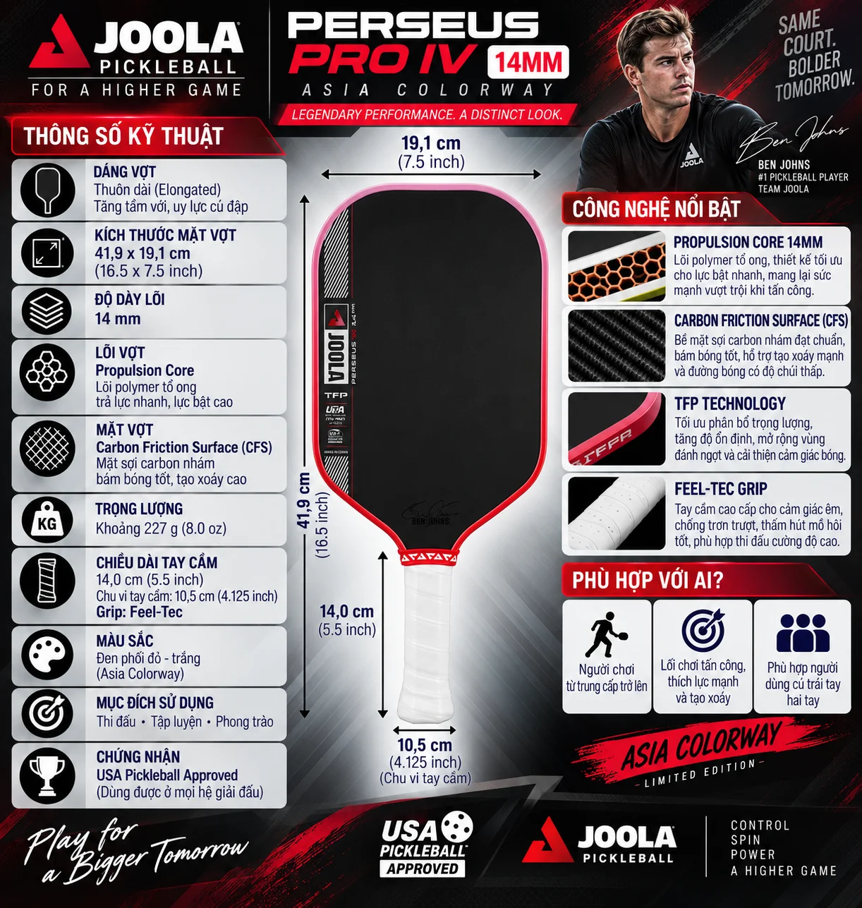 Thông số Vợt Pickleball Joola Perseus Pro IV 14mm Asia Colorway với lõi Propulsion Core, mặt Carbon Friction Surface, dáng elongated và thiết kế màu dành cho thị trường châu Á.
