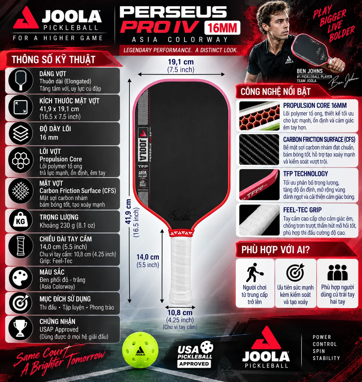 Thông số Vợt Pickleball Joola Perseus Pro IV 16mm Asia Colorway với lõi Propulsion Core, mặt Carbon Friction Surface, TechFlex Power và thiết kế elongated thiên công kiểm soát.
