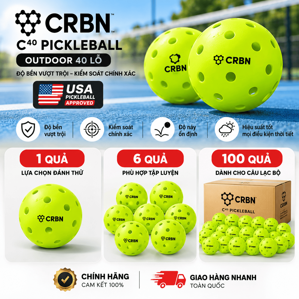 Bóng Pickleball CRBN C40 Outdoor 40 lỗ chính hãng, lựa chọn set 1 quả, 6 quả và 100 quả, đạt chuẩn USA Pickleball Approved.