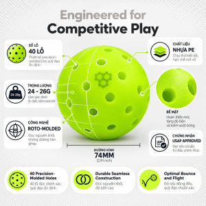 Thông số bóng Pickleball CRBN C40 Outdoor 40 lỗ chính hãng, trọng lượng 24-26g, đường kính 74mm, công nghệ đúc nguyên khối Roto-Molded, chất liệu nhựa PE, đạt chuẩn USAP Approved.