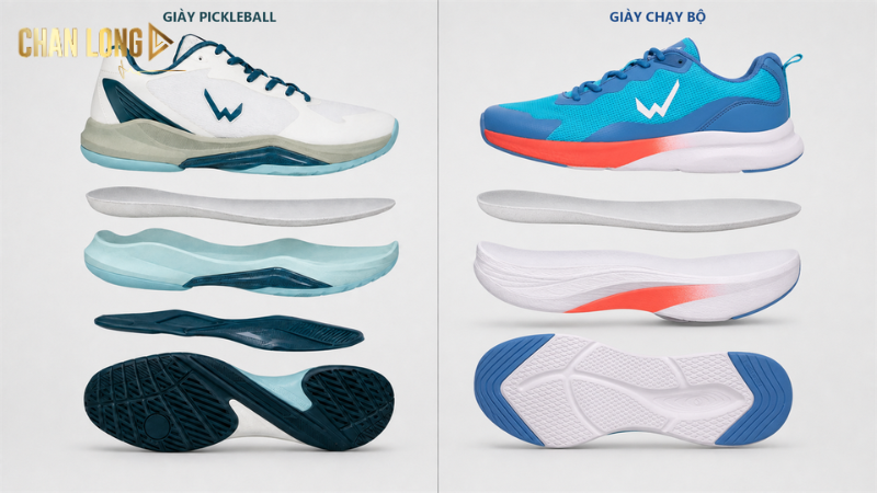Cấu tạo phần đế của giày pickleball và giày chạy bộ