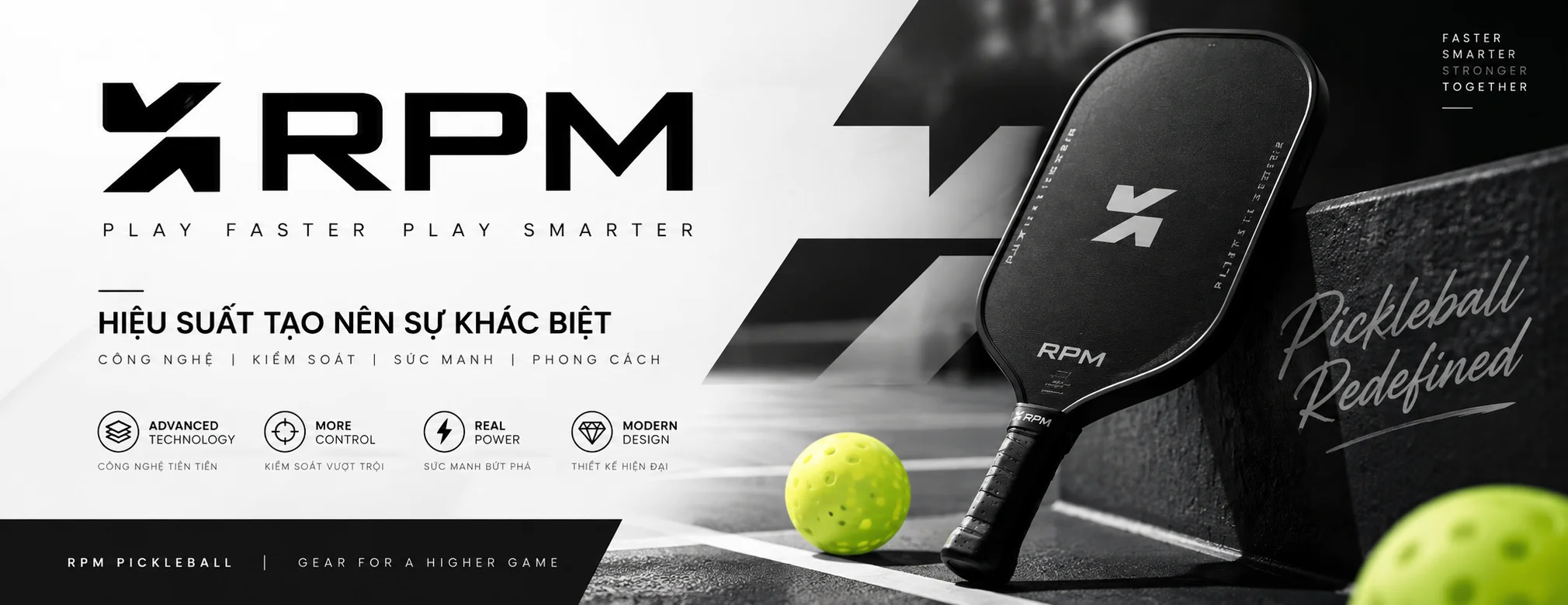 Banner thương hiệu vợt Pickleball RPM với vợt, bóng và logo RPM