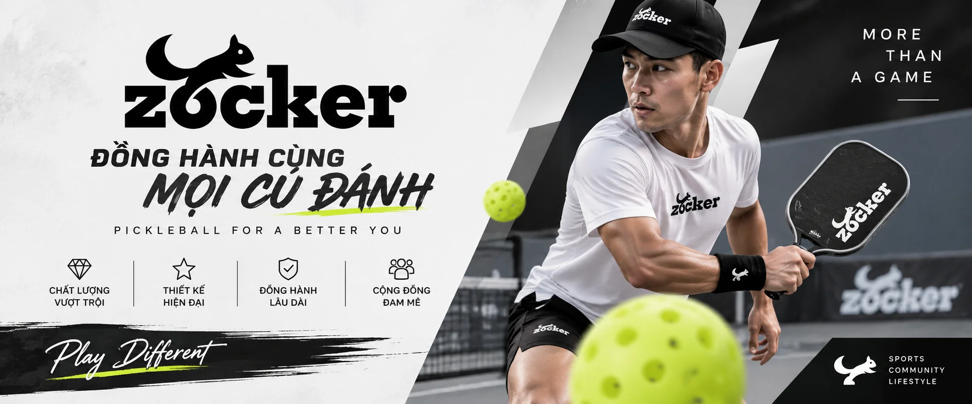 Banner thương hiệu Zocker Pickleball với phong cách thể thao hiện đại, năng động và thông điệp đồng hành cùng người chơi pickleball.