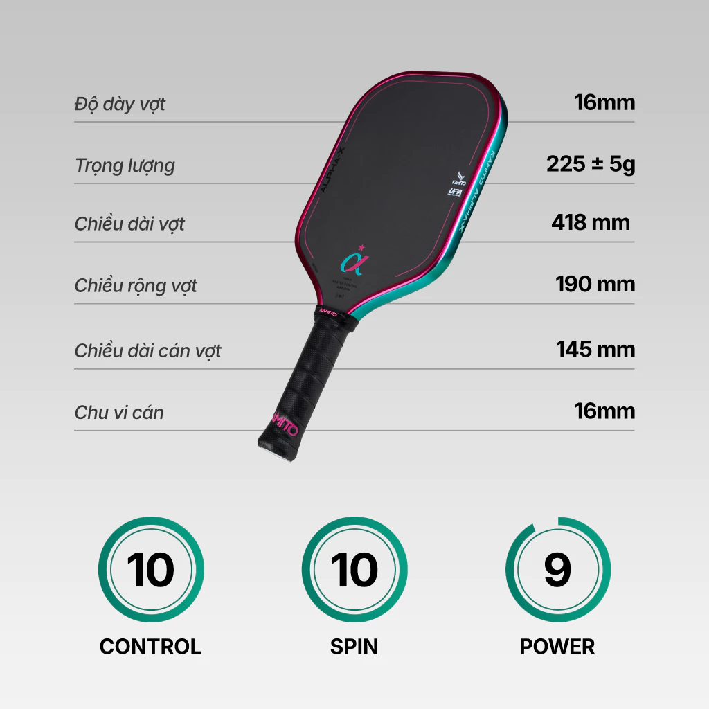 Xem thông số Kamito Alpha X 1 Sao 16mm gồm lõi MPP 3 lớp + foam EVA, Carbon Toray, trọng lượng 225 ± 5g và cán dài 14,5cm.