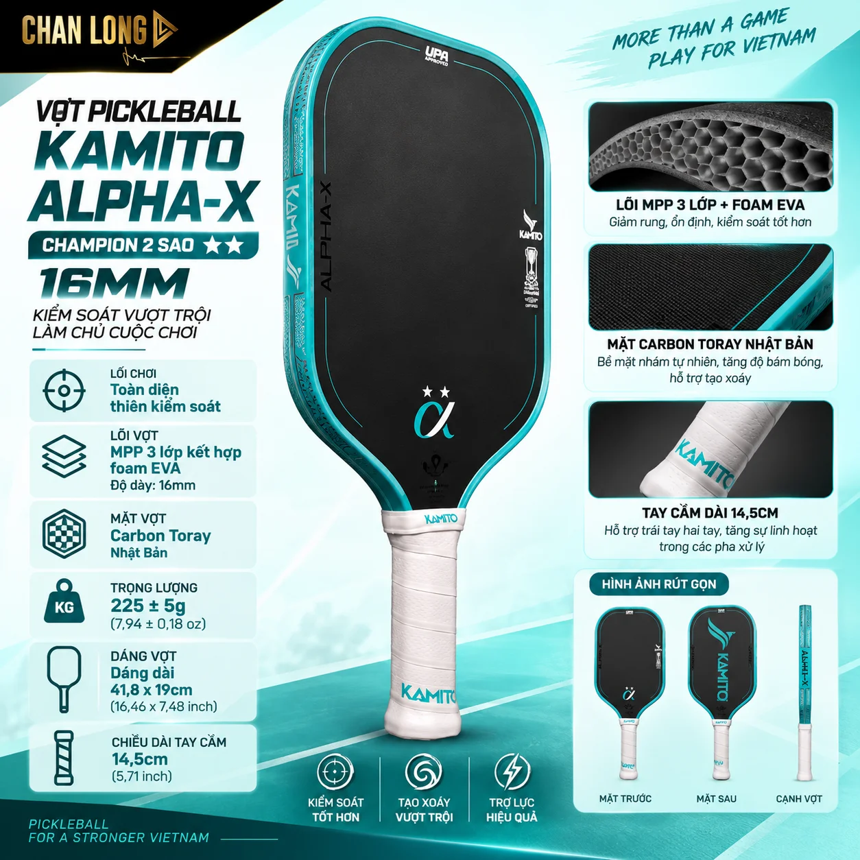 Thông số Vợt Pickleball Kamito Alpha X Champion 2 Sao 16mm