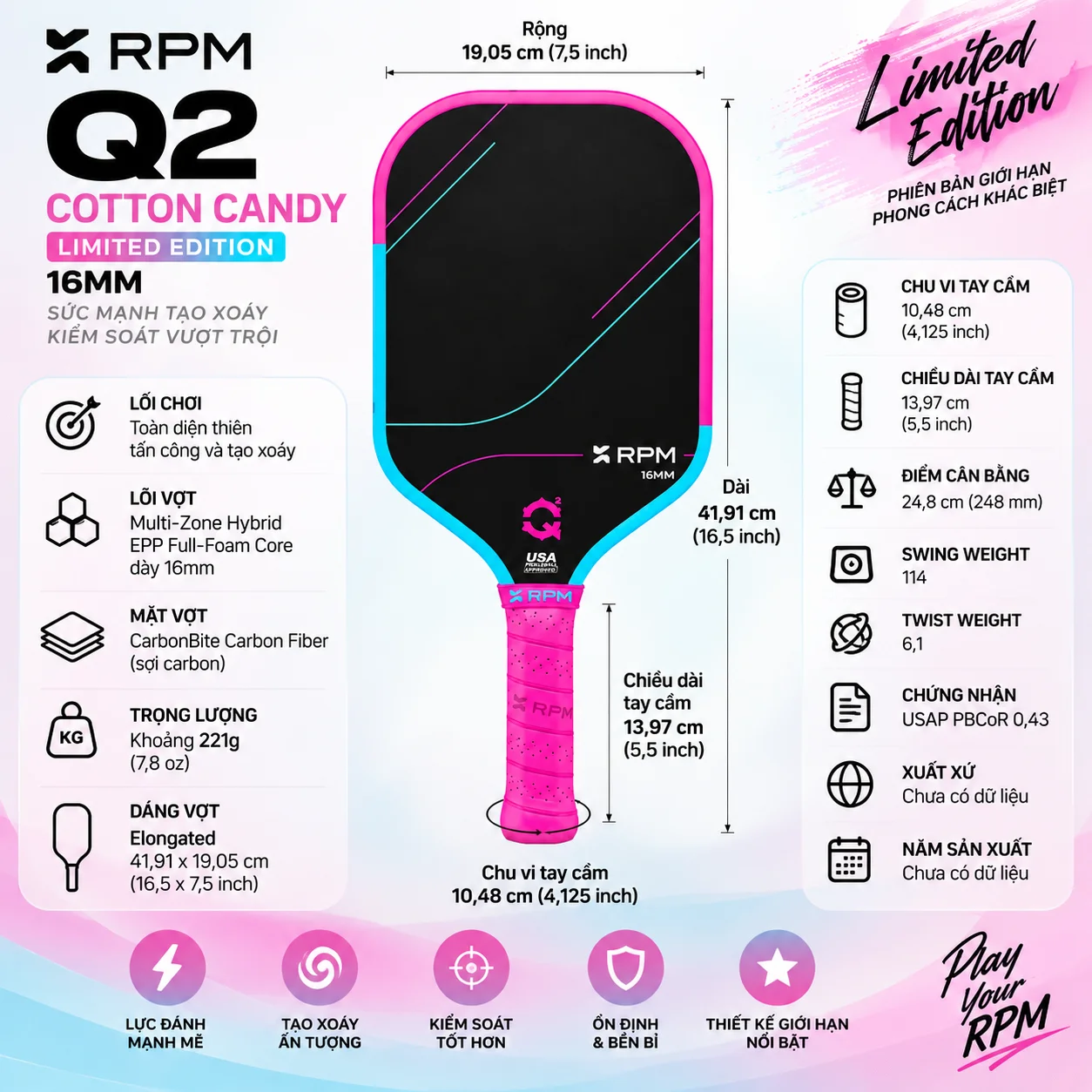 Thông số kỹ thuật Vợt Pickleball RPM Q2 Cotton Candy 16mm