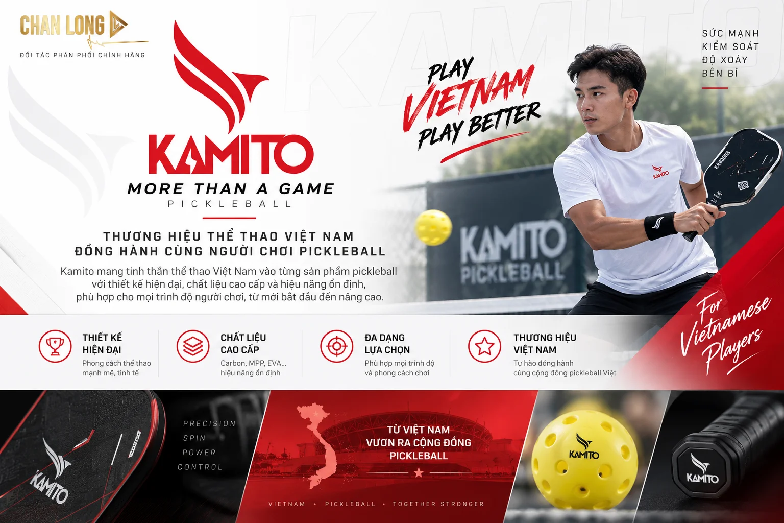 Hình ảnh giới thiệu thương hiệu Kamito Pickleball với phong cách thể thao hiện đại, kết hợp hình ảnh vợt, bóng và người chơi trên sân, phù hợp sử dụng trong danh mục Kamito tại Chan Long Pickleball.