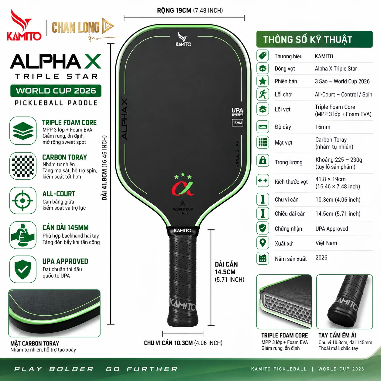 Infographic thông số Vợt Pickleball Kamito Alpha X Triple Star 16mm với mặt Carbon Toray, Triple Foam Core MPP 3 lớp + Foam EVA, kích thước 41,8 × 19cm và cán dài 145mm.