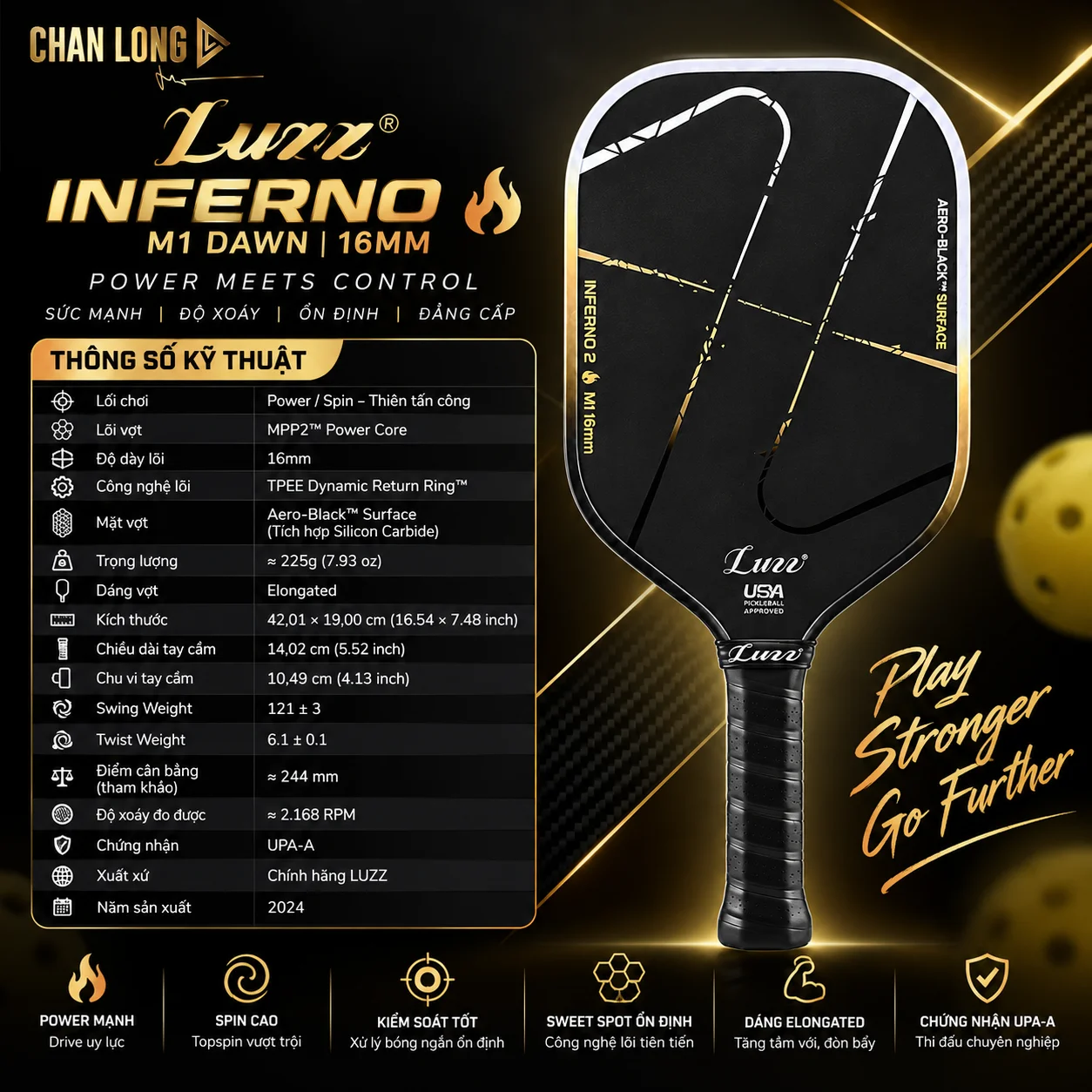 Bảng thông số kỹ thuật LUZZ Inferno2 M1 Dawn 16mm gồm lõi MPP2™ Power Core, mặt Aero-Black™, trọng lượng, kích thước, swing weight và tay cầm.