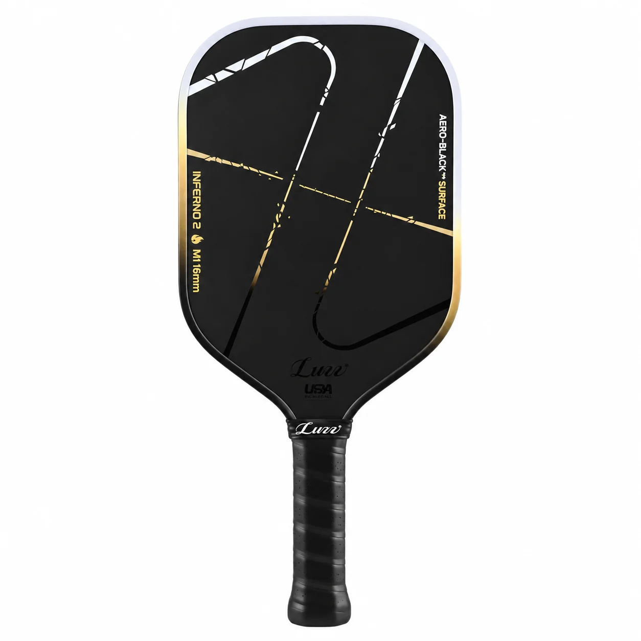 Vợt Pickleball LUZZ Inferno2 M1 Dawn 16mm dáng Elongated, thiết kế đen vàng, thiên Power và Spin, phù hợp lối chơi tấn công.