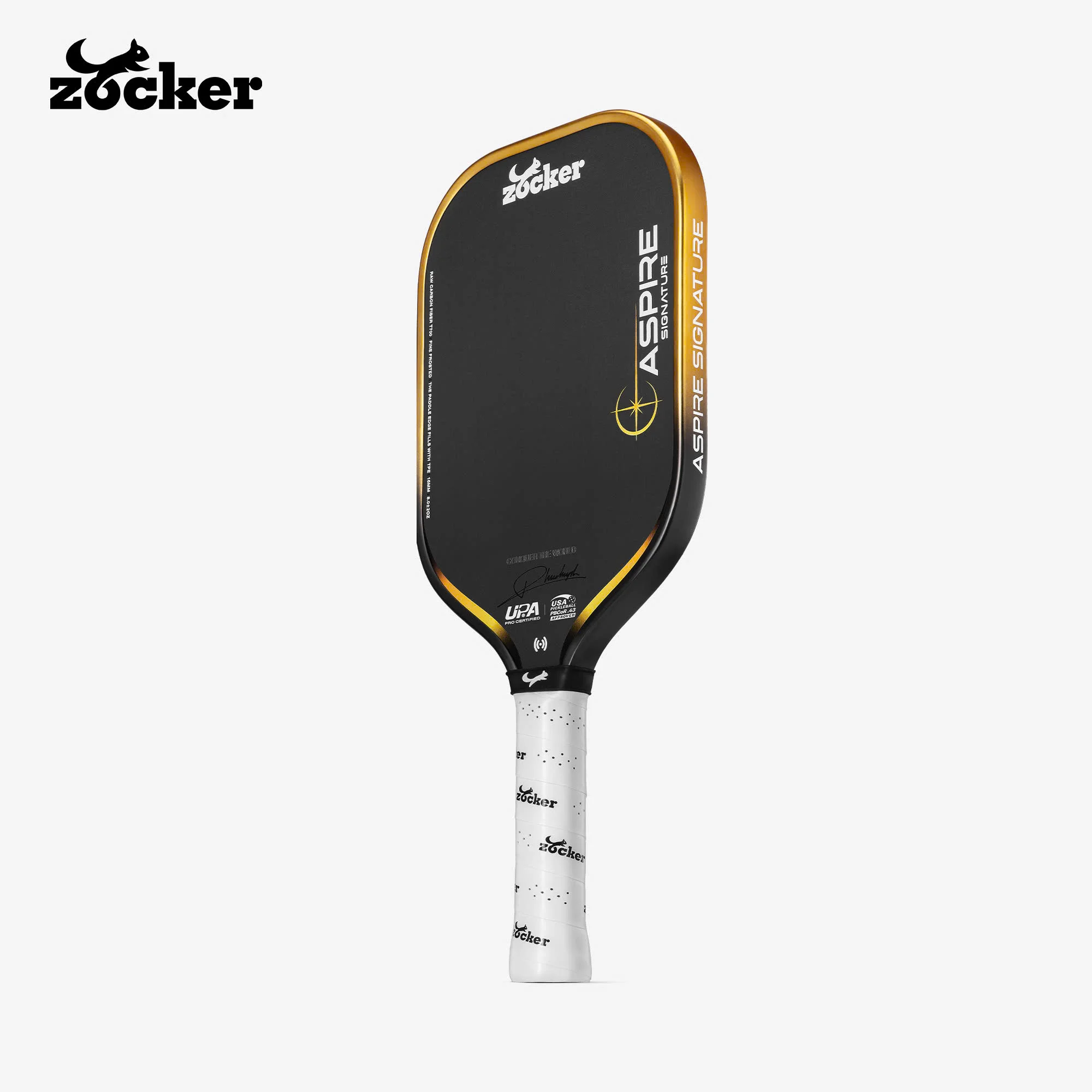 Vợt Pickleball Zocker Aspire Phúc Huỳnh 16mm màu vàng đồng với viền Metallic Layer tạo điểm nhấn cho thiết kế.