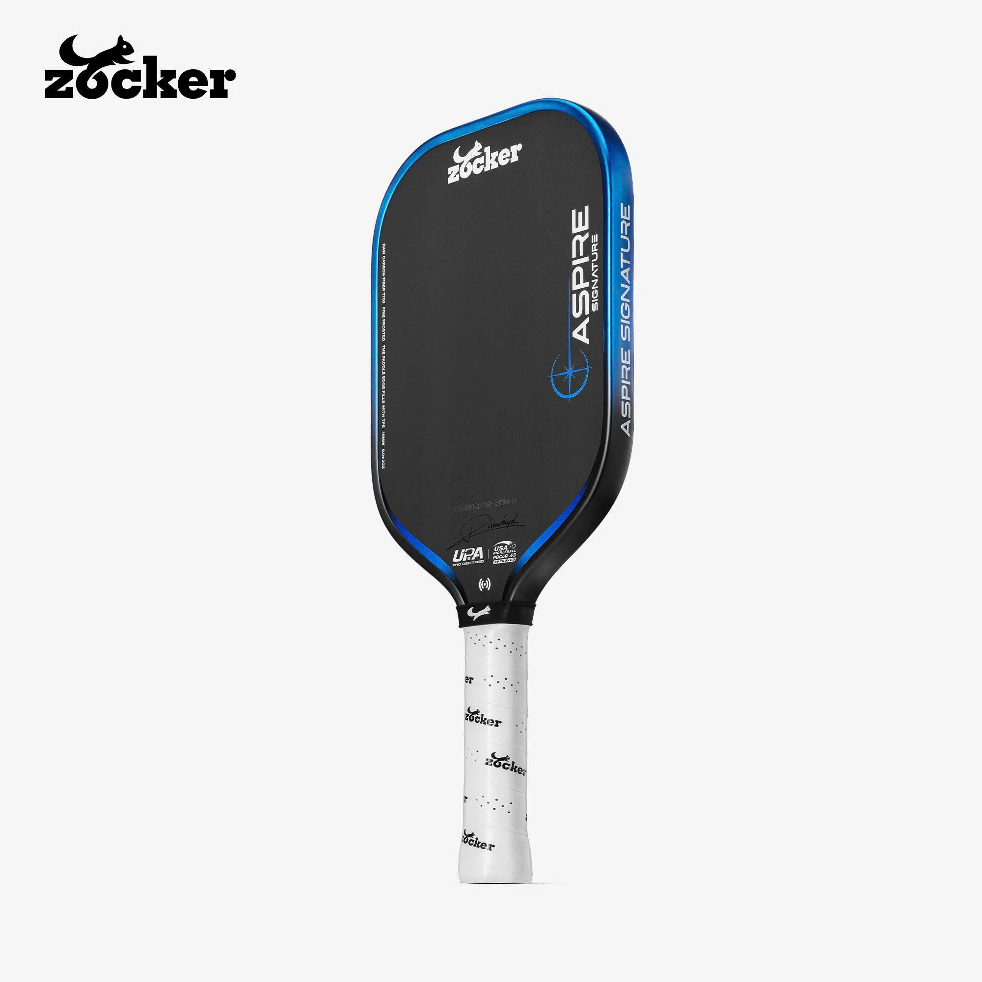 Vợt Pickleball Zocker Aspire Phúc Huỳnh 16mm màu xanh dương với viền Metallic Layer và thiết kế thể thao hiện đại.