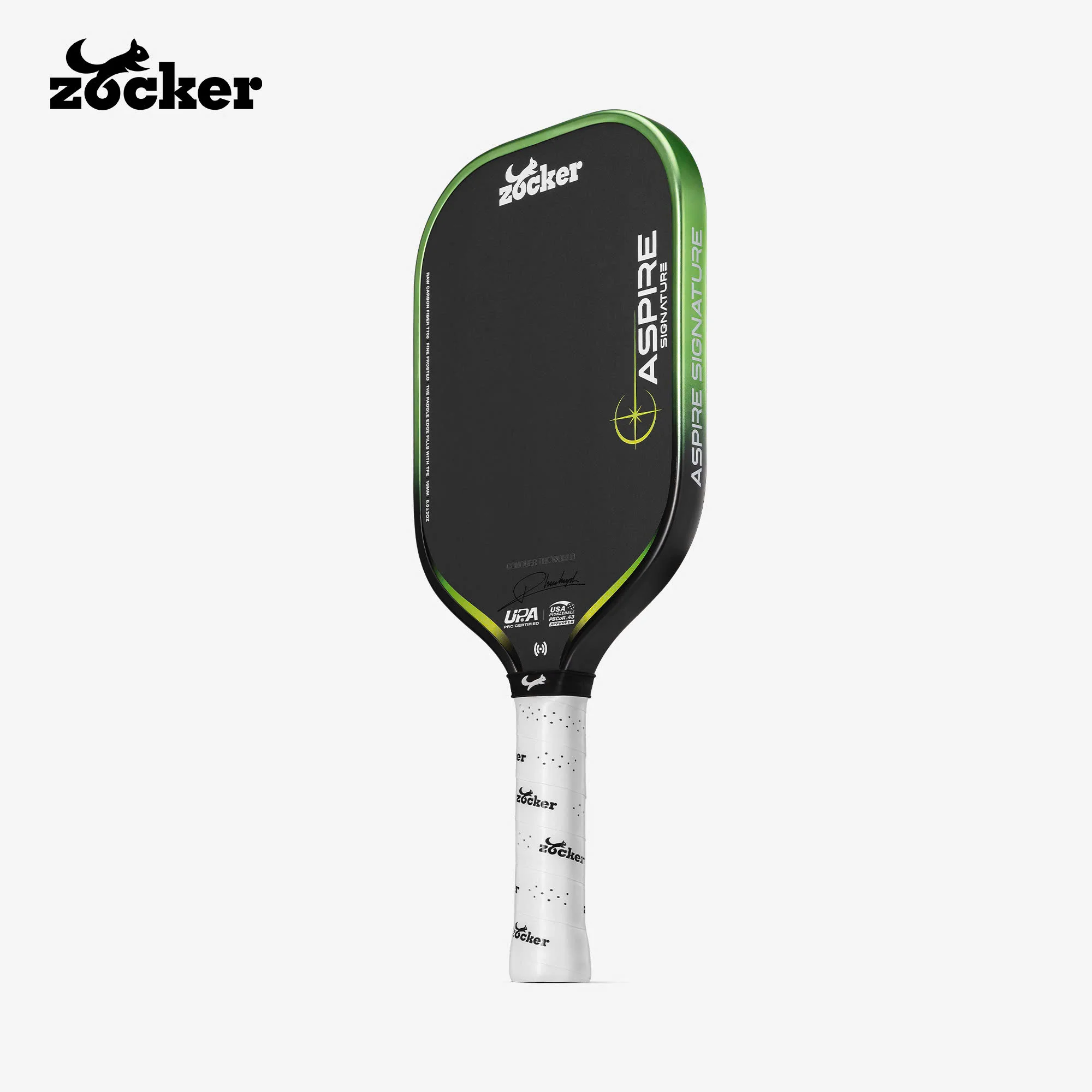 Vợt Pickleball Zocker Aspire Phúc Huỳnh 16mm màu xanh lá với thiết kế viền Metallic Layer nổi bật.