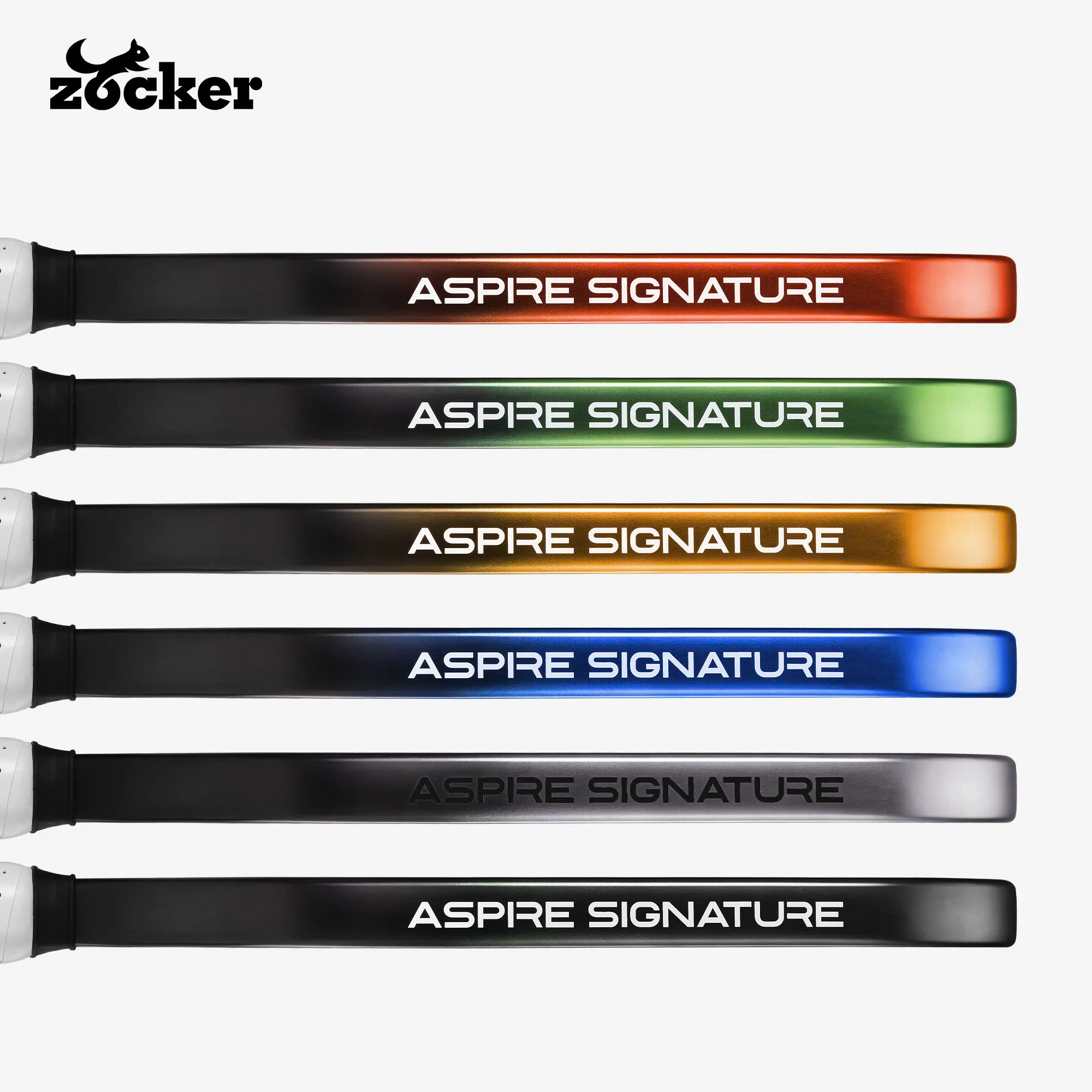 Các phiên bản màu Vợt Pickleball Zocker Aspire Phúc Huỳnh 16mm với thiết kế viền vợt Metallic Layer, giúp người mua dễ dàng so sánh và lựa chọn màu sắc phù hợp.