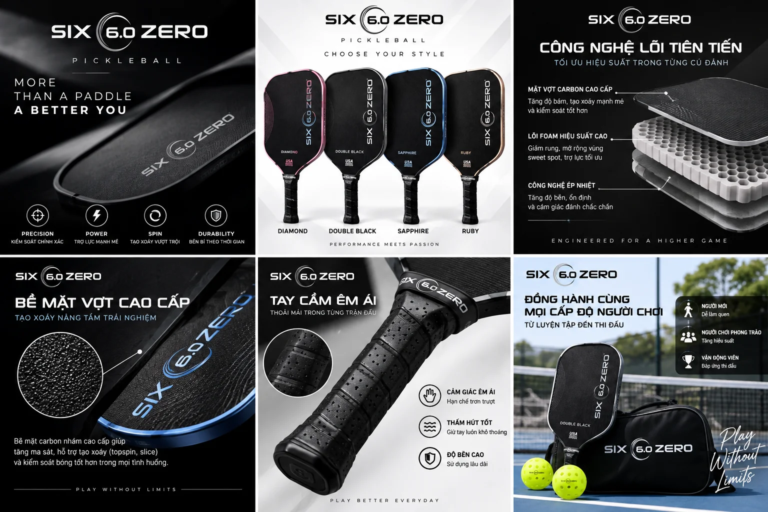 Hình ảnh tổng hợp đặc điểm vợt Six Zero Pickleball, minh họa bề mặt vợt, cấu trúc lõi, tay cầm và các yếu tố hỗ trợ kiểm soát, tạo xoáy và tấn công.