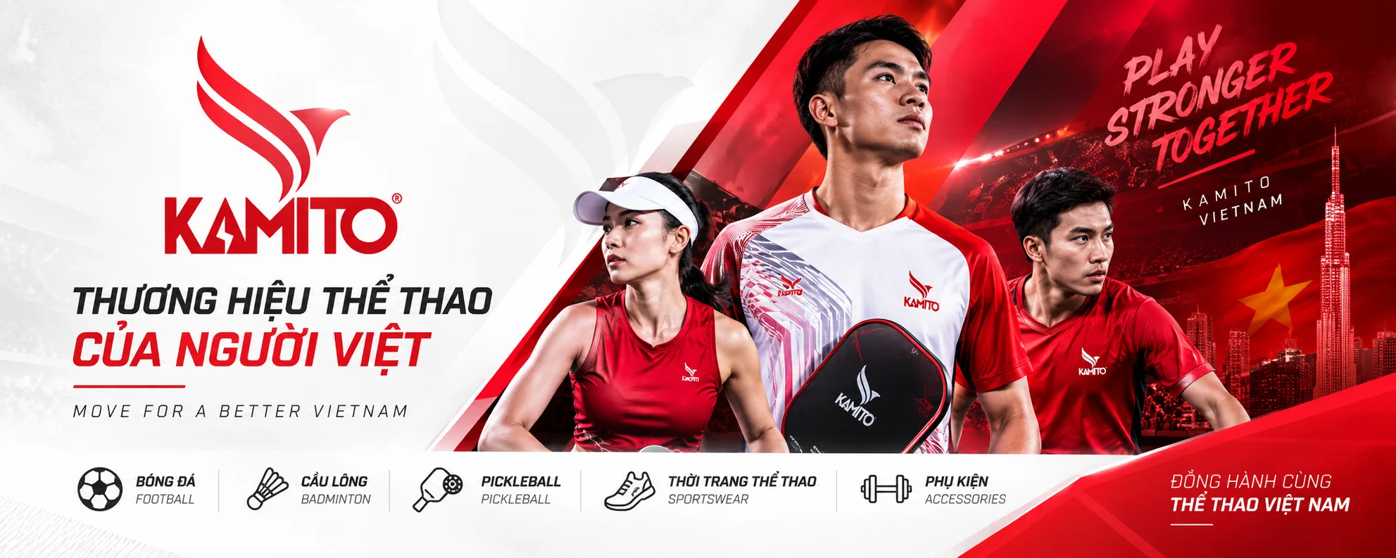Banner thương hiệu Kamito với hình ảnh thể thao, pickleball, cầu lông, bóng đá, thời trang và phụ kiện, sử dụng nhận diện đỏ trắng nổi bật