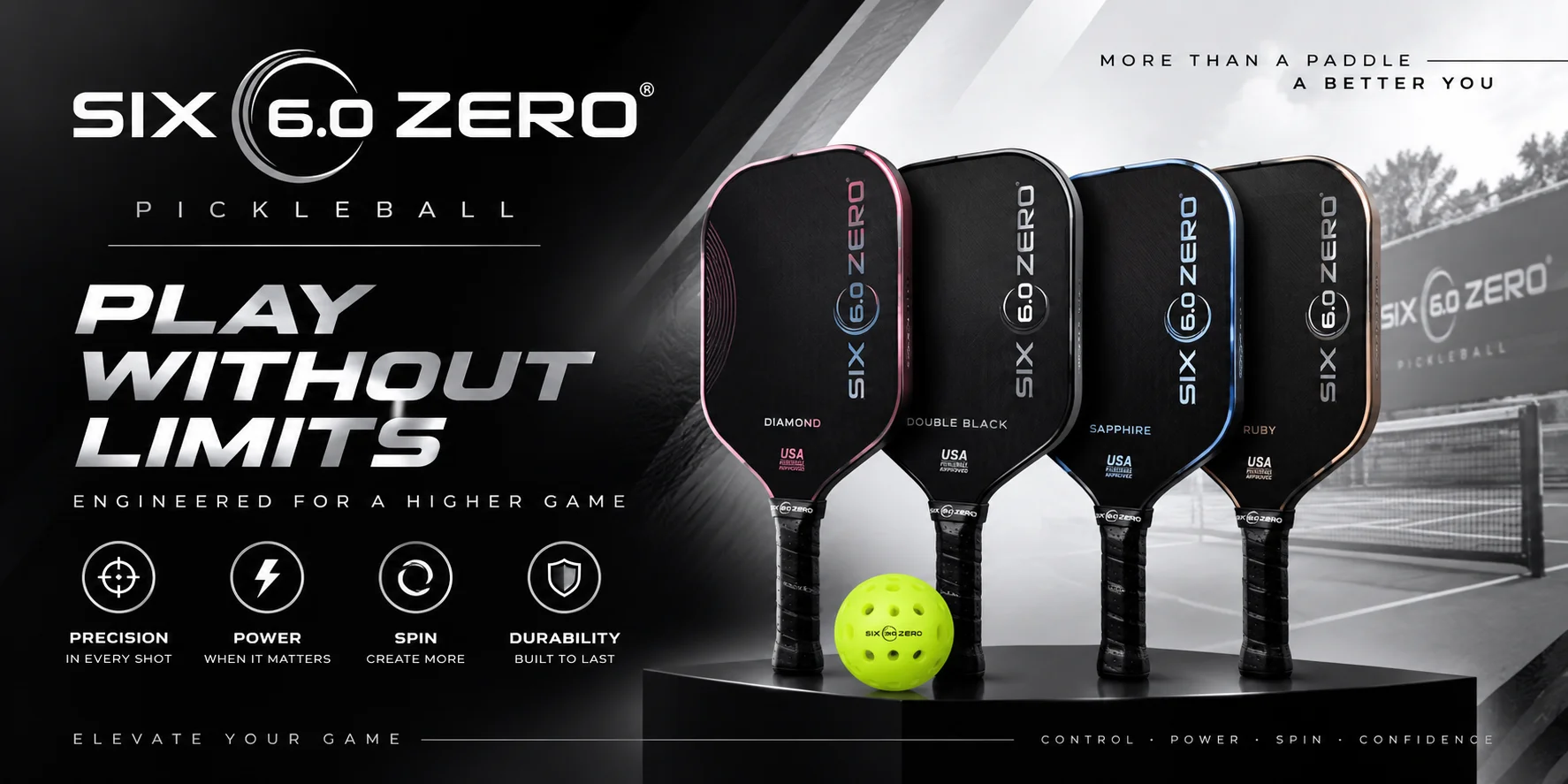 Banner Six Zero Pickleball giới thiệu hình ảnh thương hiệu cùng các mẫu vợt nổi bật, phong cách thể thao hiện đại và định hướng hiệu suất cao.