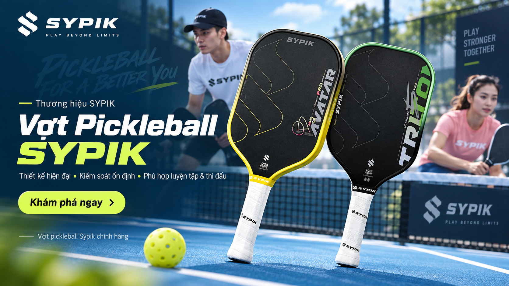 Banner vợt Pickleball SYPIK chính hãng với thiết kế thể thao hiện đại, nổi bật các mẫu vợt SYPIK dành cho luyện tập và thi đấu, hỗ trợ người chơi kiểm soát bóng ổn định và nâng cao trải nghiệm trên sân.