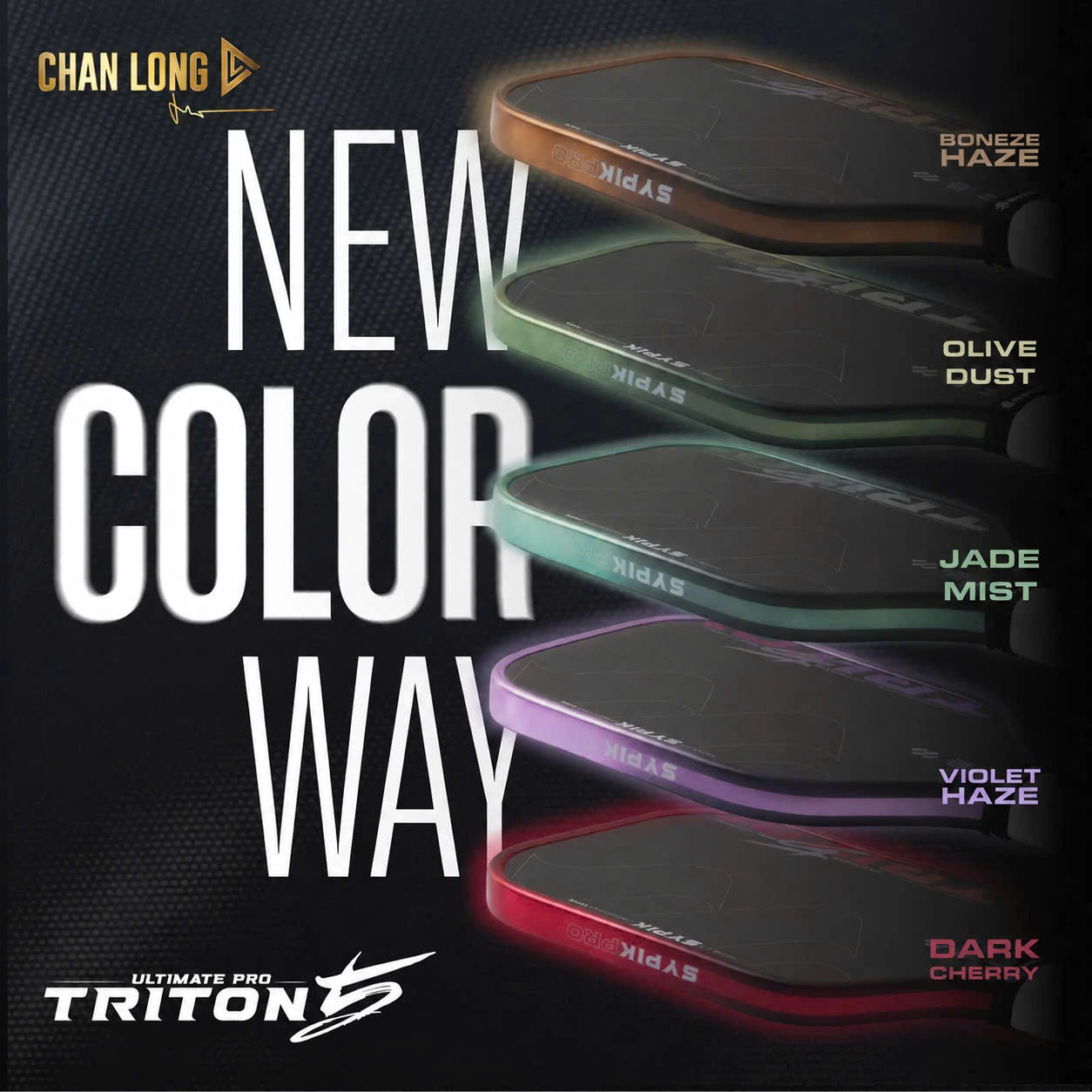 Bộ 5 màu vợt Pickleball Sypik Triton Ultimate Pro 16mm với các phiên bản tím, đỏ, xanh ngọc, xanh khoai và vàng. Thiết kế thể thao hiện đại, mặt Carbon Fiber, lõi PP Honeycomb, cấu trúc Full Foam Edge và cán quấn trắng nổi bật, mang đến nhiều lựa chọn màu sắc đến cho người chơi pickleball.