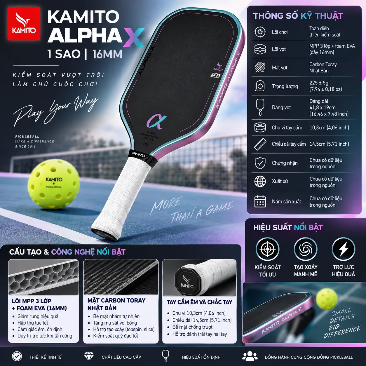 Khám phá cấu tạo Kamito Alpha X 1 Sao 16mm với lõi MPP 3 lớp, Carbon Toray Nhật Bản, cán 14,5cm và thiết kế dáng dài.