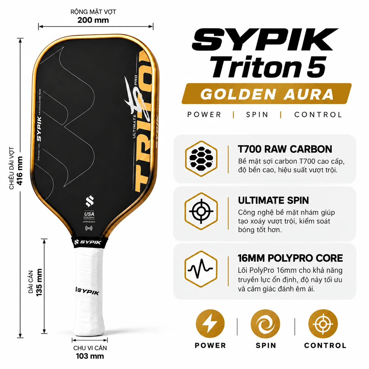 Thông số chính Sypik Triton 5 Ultimate Pro New 16mm gồm mặt T700 Raw Carbon, Ultimate Spin và lõi PolyPro dày 16mm.