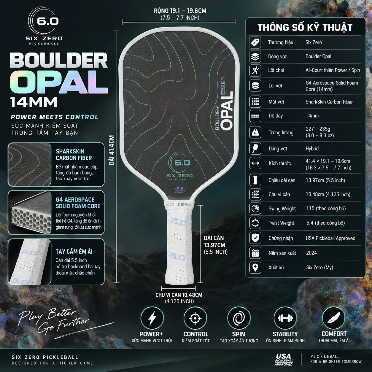 Infographic thông số Vợt Pickleball Six Zero Boulder Opal 14mm với G4 Aerospace Solid Foam Core, mặt SharkSkin Carbon Fiber, dáng Hybrid và trọng lượng 8.0–8.3 oz.