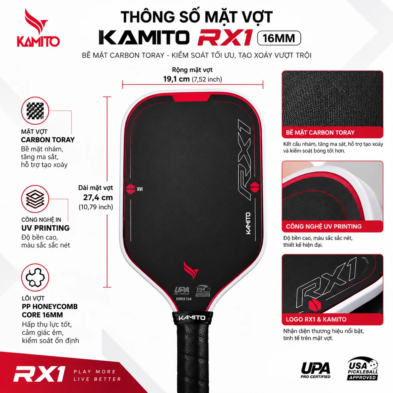 Hình ảnh Vợt Pickleball Kamito RX1 16mm với mặt Carbon Toray, lõi Polypropylene Honeycomb Core 16mm và trọng lượng 225 ± 5g. Vợt có kích thước 41,9 × 19,1cm, cán dài 14,5cm, hỗ trợ kiểm soát bóng, tạo xoáy và xử lý dink, drop, reset.