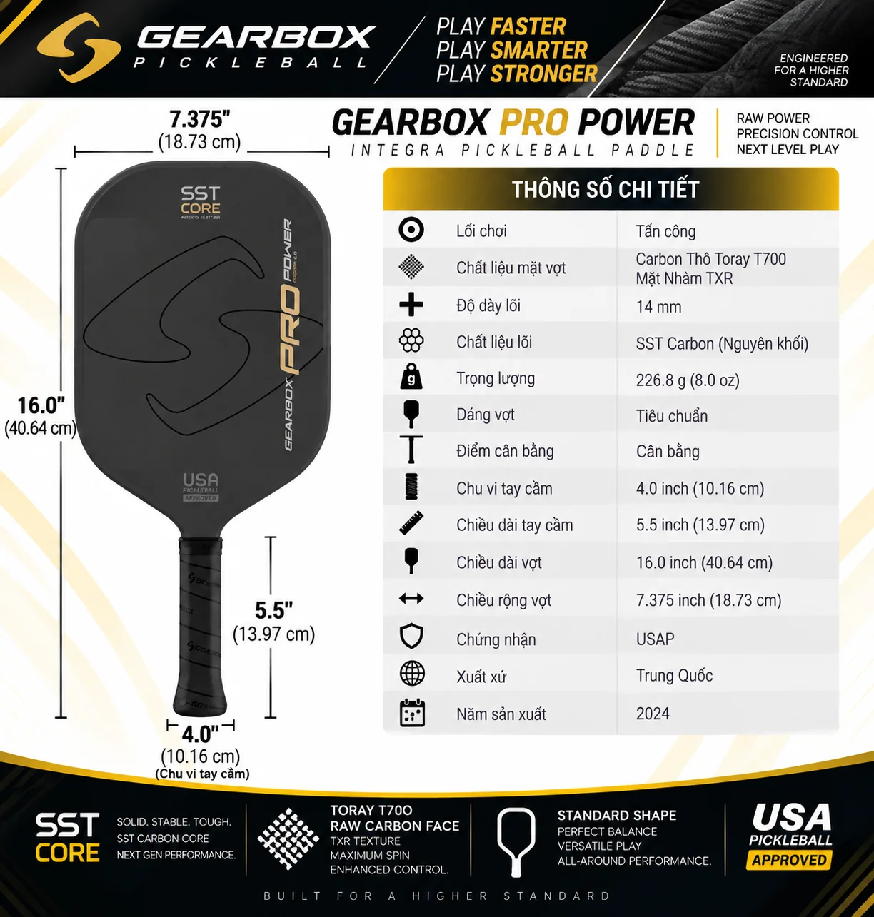 Xem thông số vợt Pickleball Gearbox PRO Power Integra 14mm: lõi SST Carbon 14mm, mặt Toray T700 TXR, dáng tiêu chuẩn và chứng nhận USAP.
