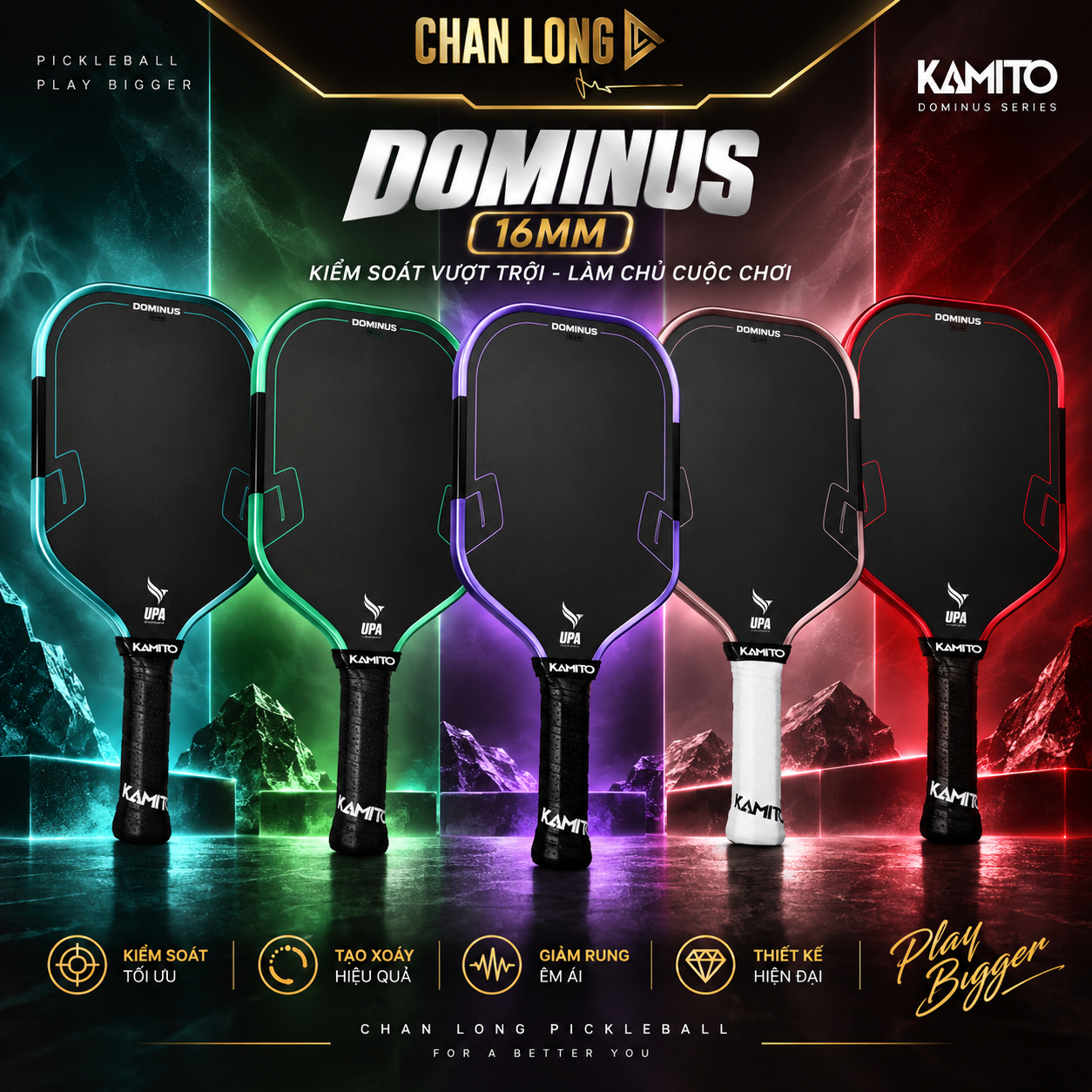 Vợt Pickleball Kamito Dominus 16mm với 5 phiên bản màu tại Chan Long Pickleball, thiết kế thể thao, thiên kiểm soát, hỗ trợ tạo xoáy và giảm rung.