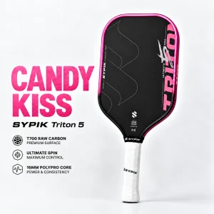 Vợt Pickleball Sypik Triton 5 Ultimate Pro New 16mm Candy Kiss với mặt Carbon T700, lõi 16mm và thiết kế viền hồng nổi bật.