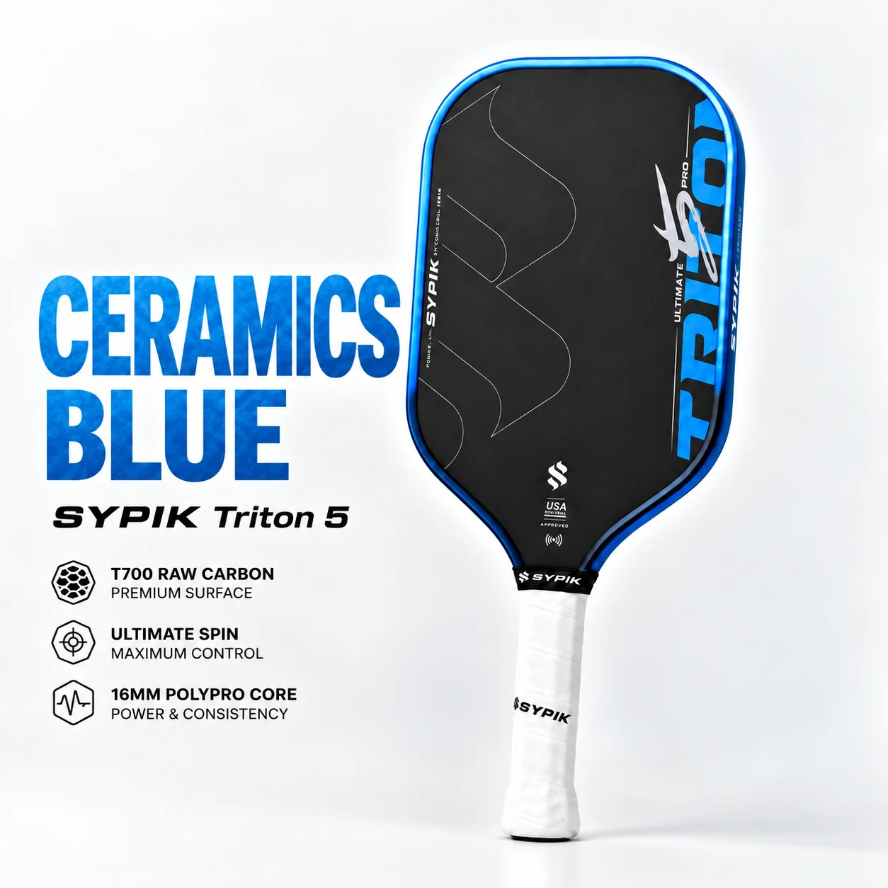 Sypik Triton 5 Ultimate Pro New 16mm Ceramics Blue với viền xanh, mặt Carbon T700 và lõi 16mm hỗ trợ kiểm soát và tạo xoáy.