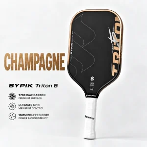 Vợt Sypik Triton 5 Ultimate Pro 16mm Champagne với thiết kế đen ánh champagne, mặt Carbon T700 và cấu hình All-Court.