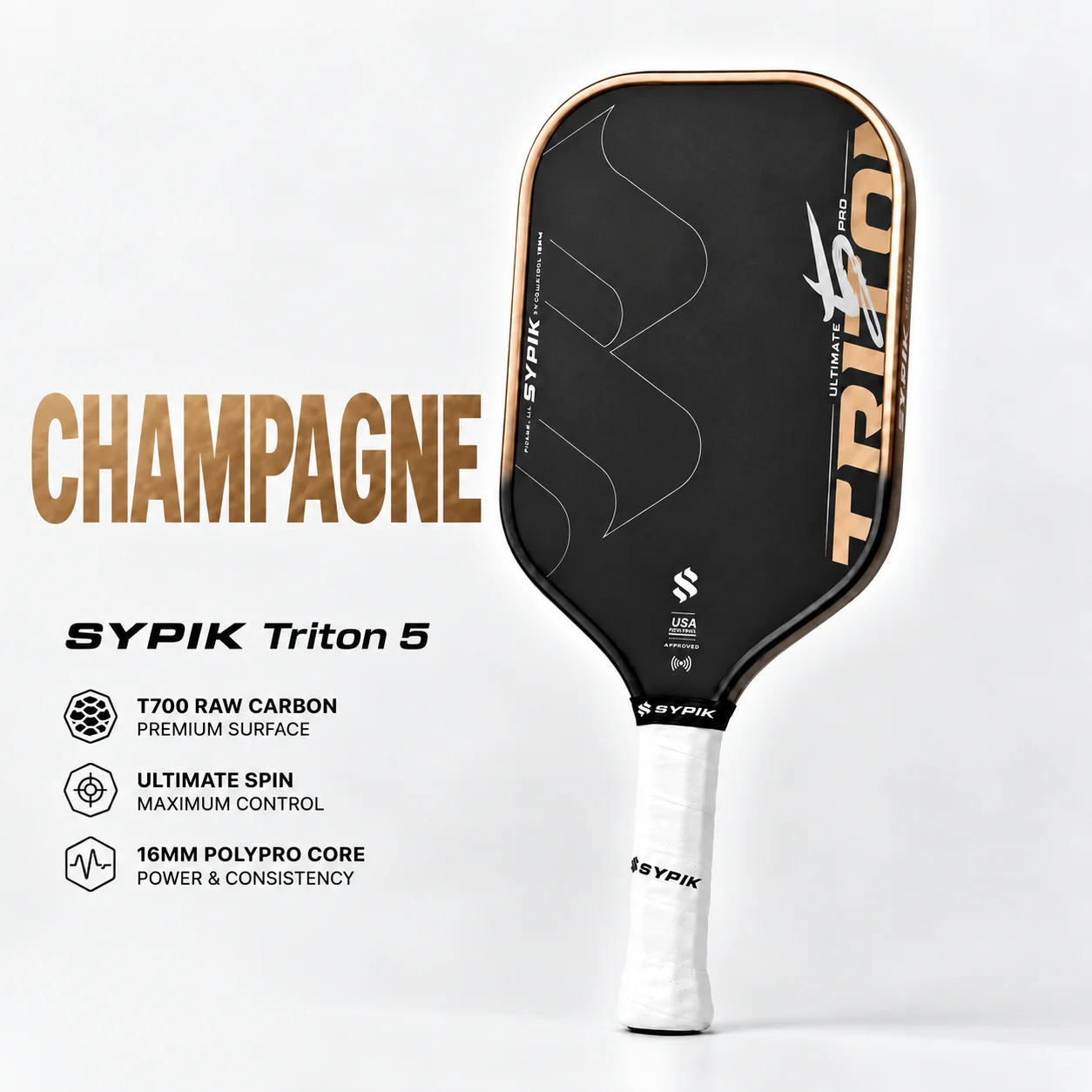 Vợt Sypik Triton 5 Ultimate Pro 16mm Champagne với thiết kế đen ánh champagne, mặt Carbon T700 và cấu hình All-Court.