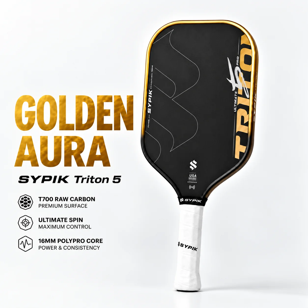 Sypik Triton 5 Ultimate Pro New 16mm Golden Aura phối đen vàng, sử dụng mặt Carbon T700 và lõi 16mm cho lối chơi All-Court.