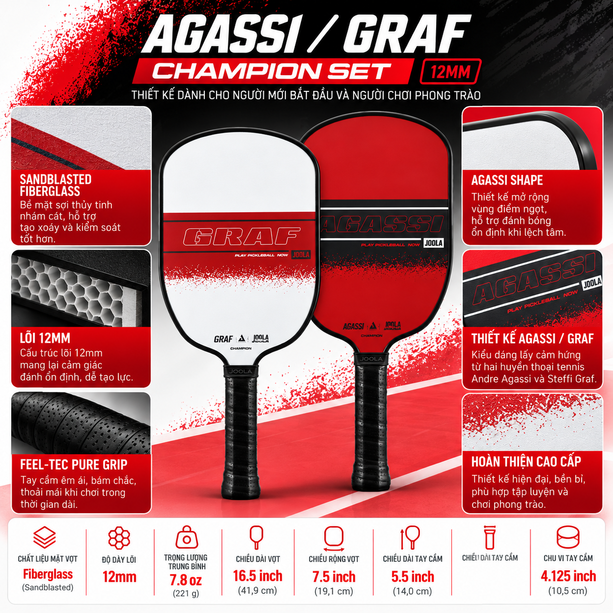 : Cấu tạo và thông số bộ vợt Pickleball Joola Agassi/Graf Champion Set 12mm – Bề mặt Sandblasted Fiberglass, thiết kế Agassi Shape, hỗ trợ kiểm soát và tạo xoáy.
